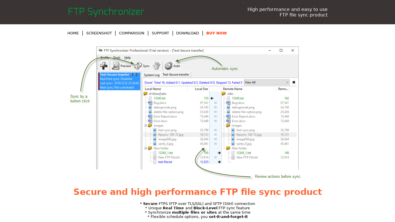 FTP Synchronizer Landing page
