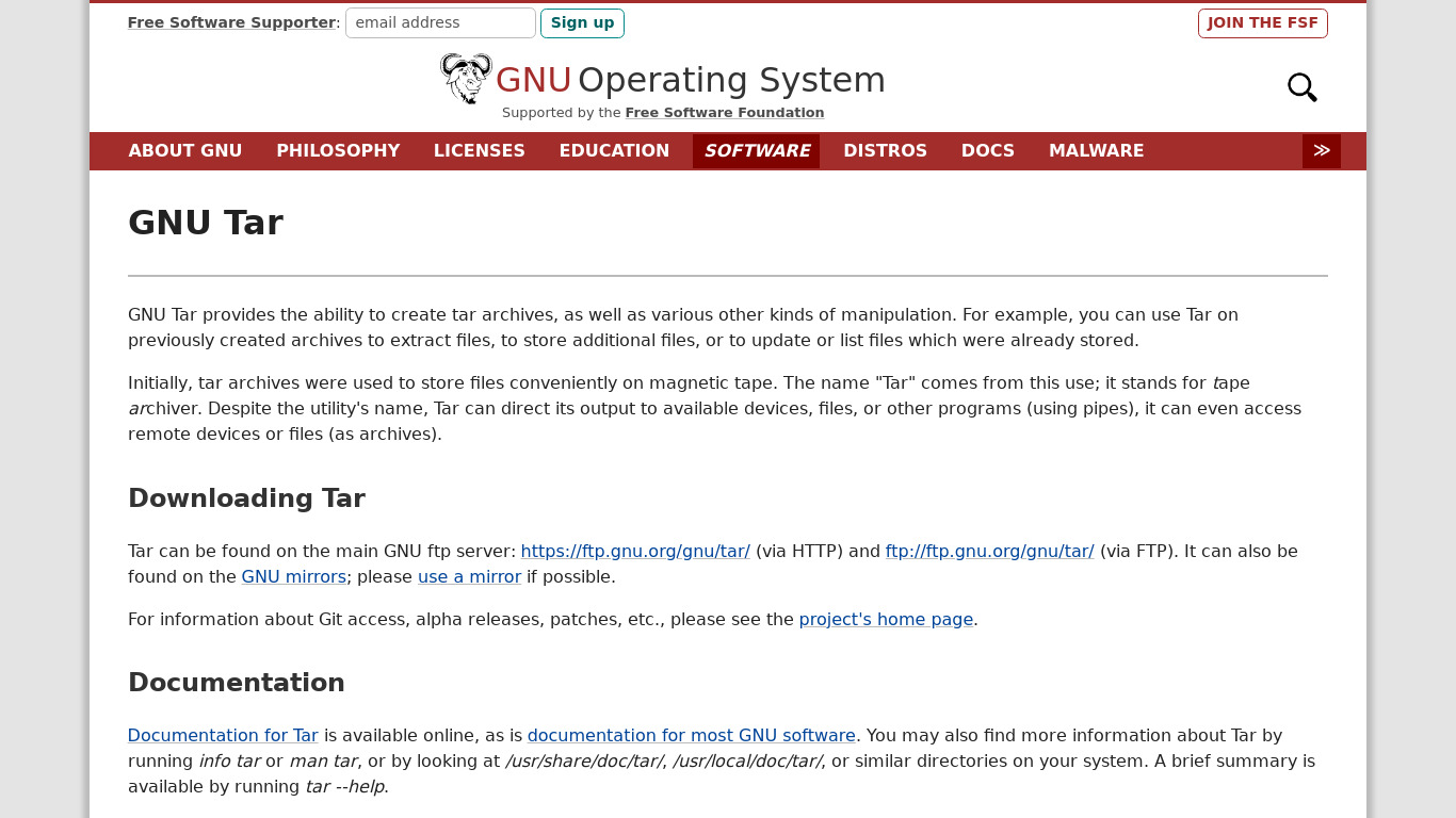 GNU tar Landing page