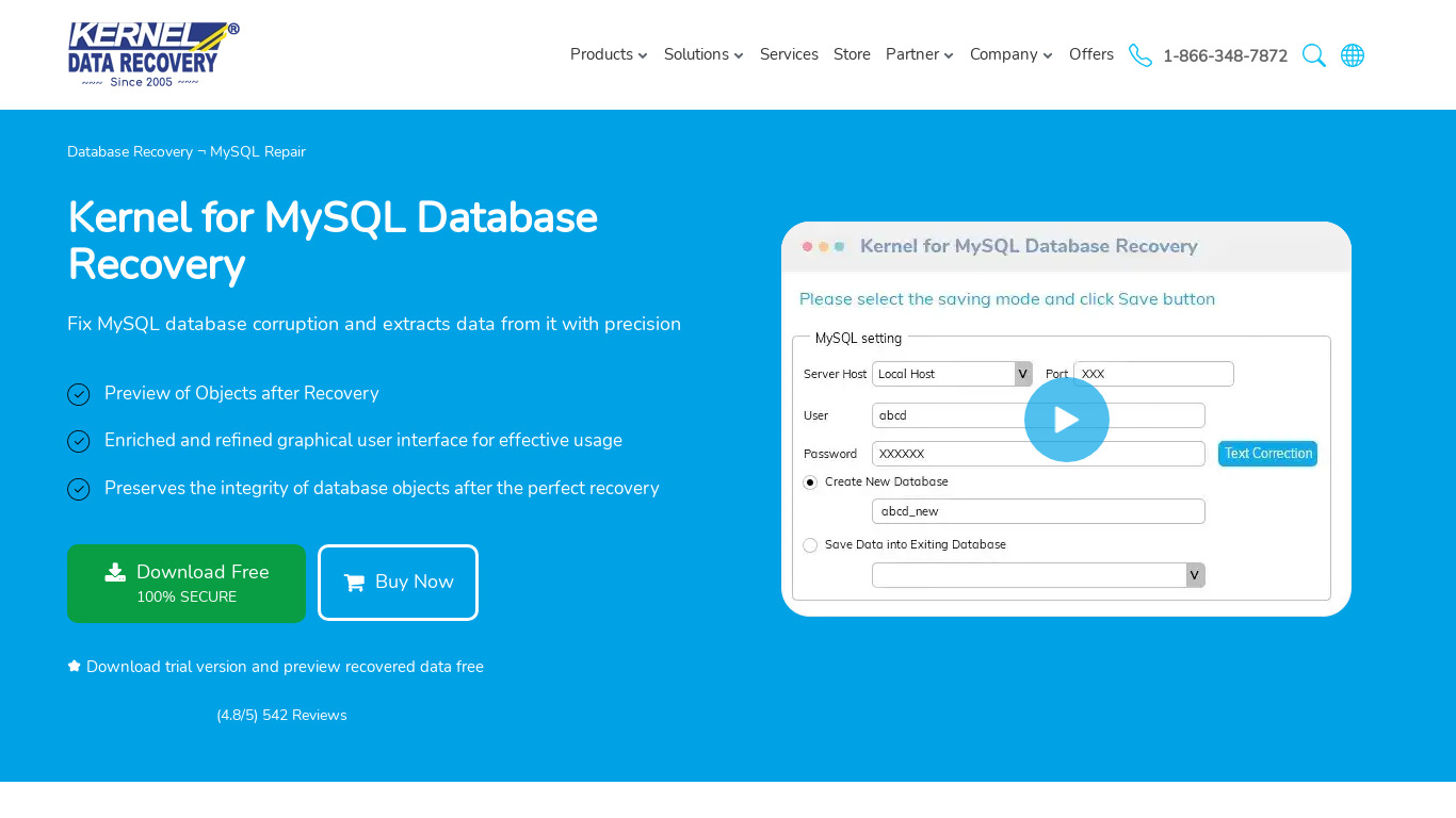 Kernel for MySQL Database Recovery Landing page