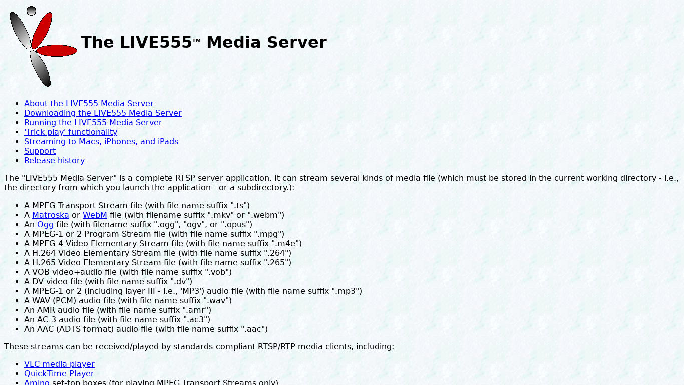 LIVE555 Media Server Landing page