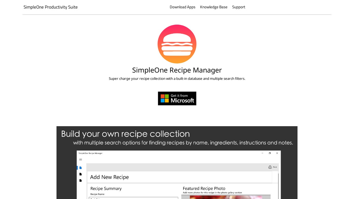 SimpleOne Recipe Manager Landing page