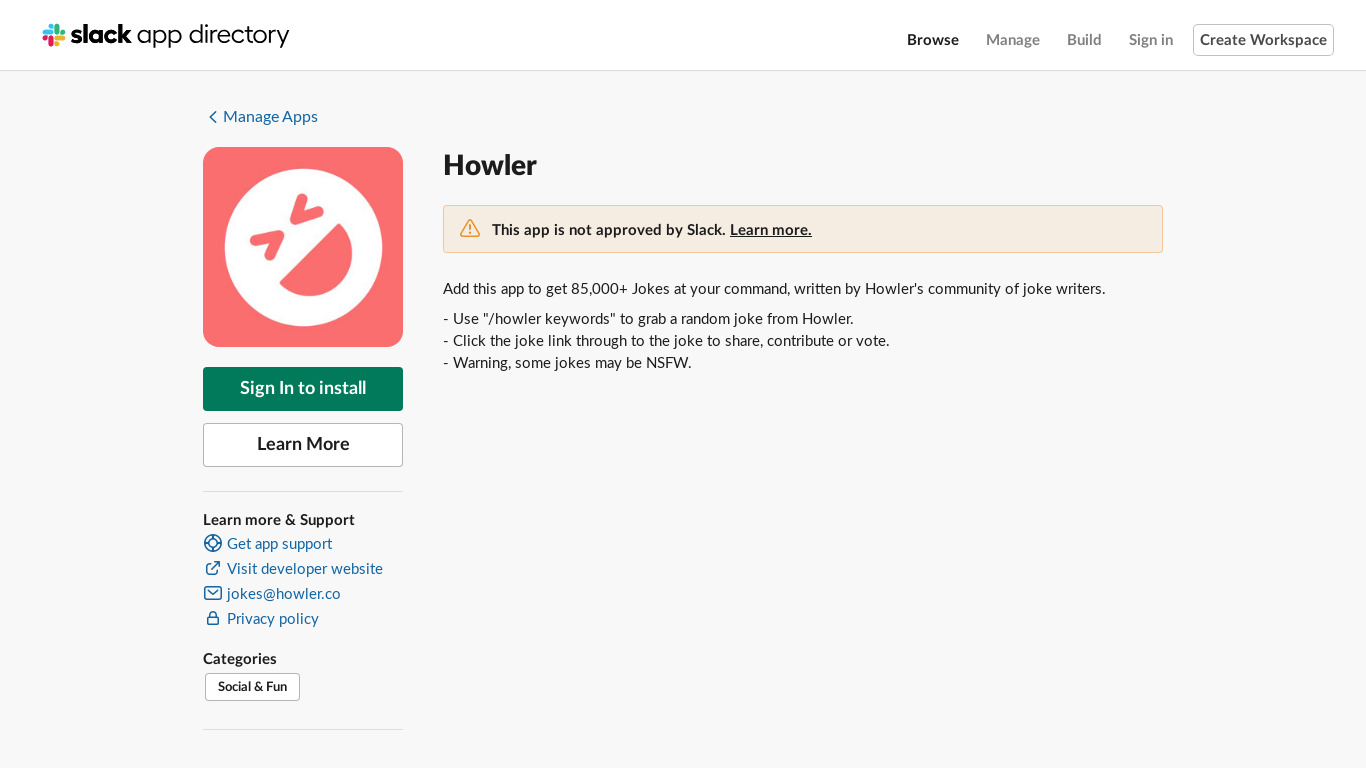 Howler for Slack Landing page