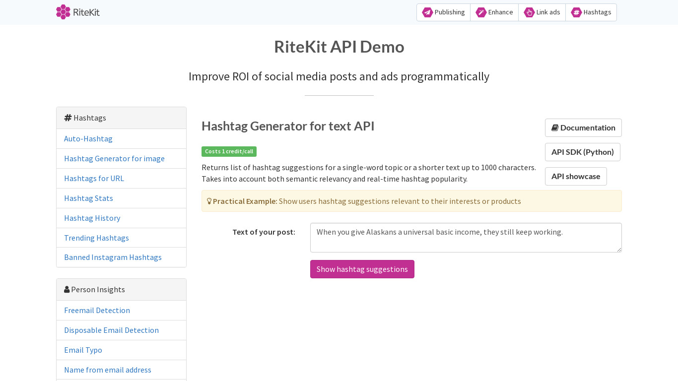 RiteKit Hashtag Suggestions API Landing page
