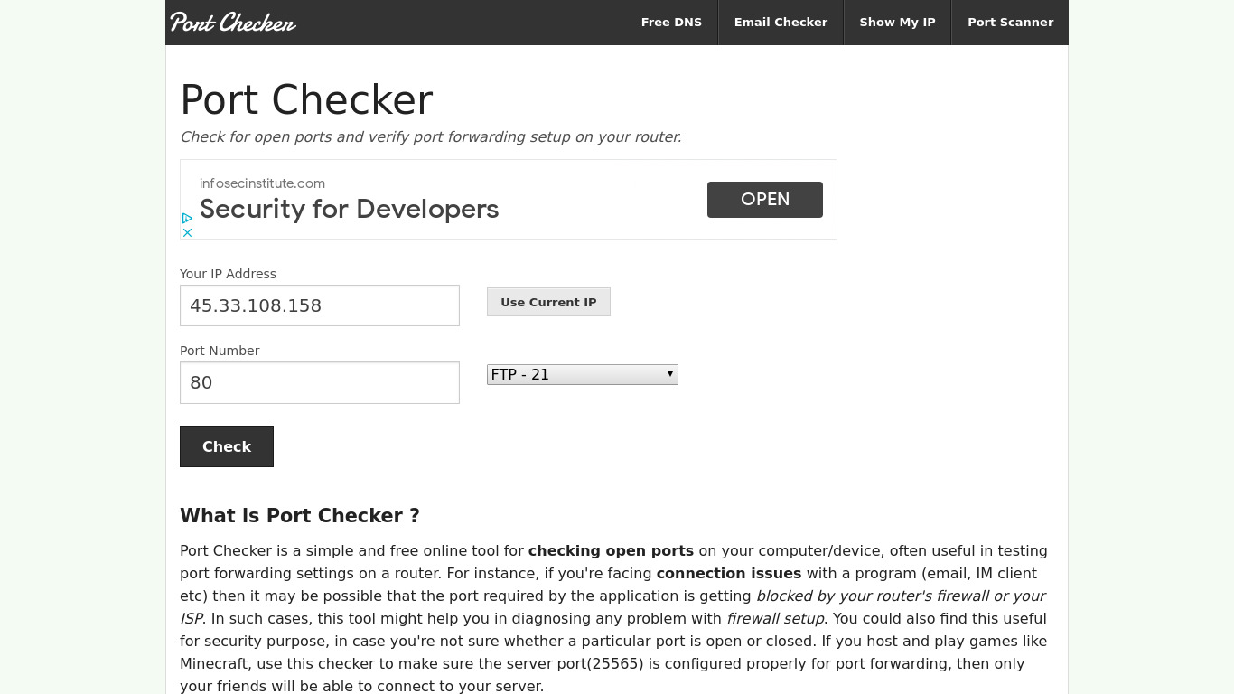 Port Checker Landing page
