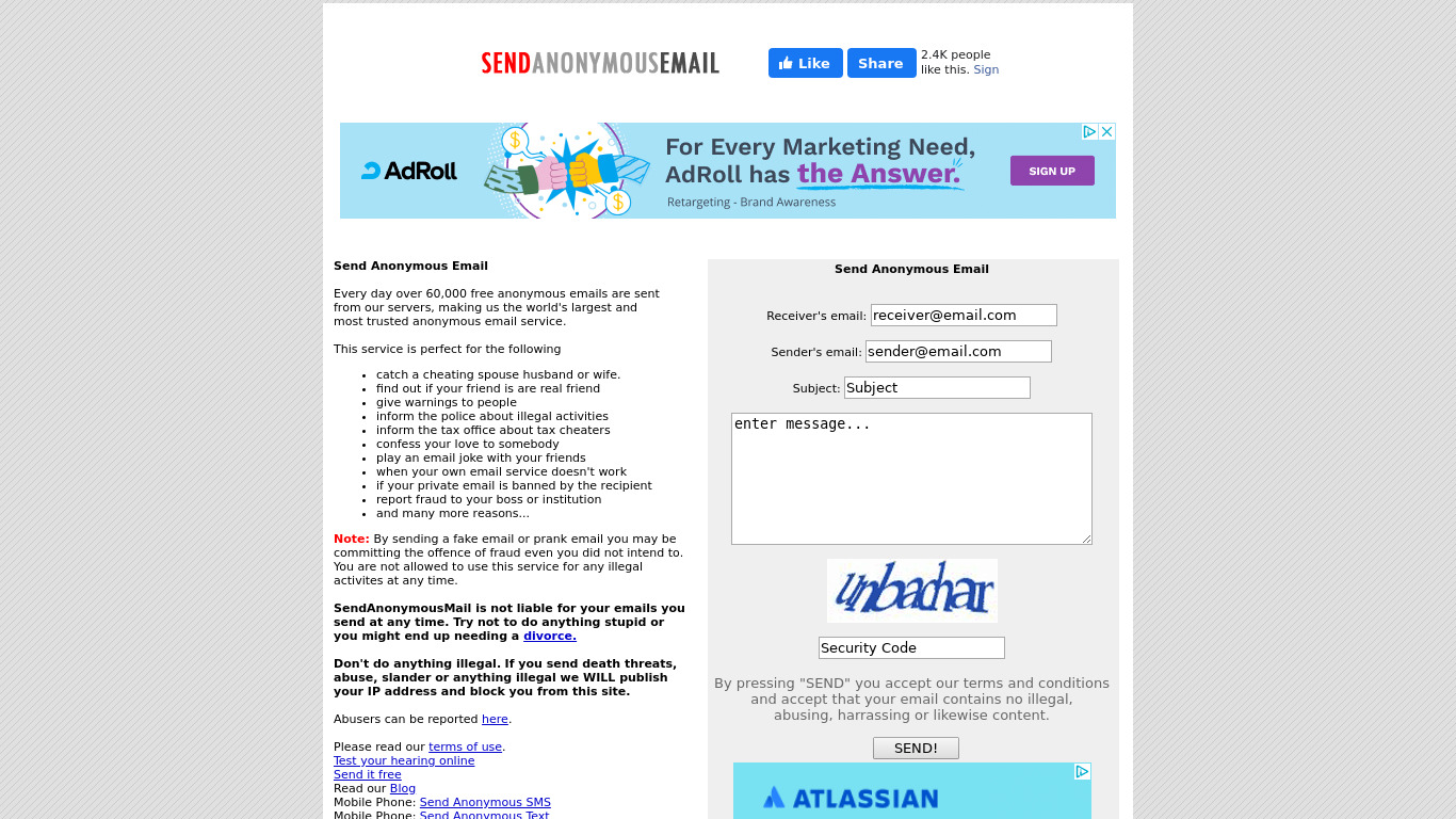 Send Anonymous Email Landing page
