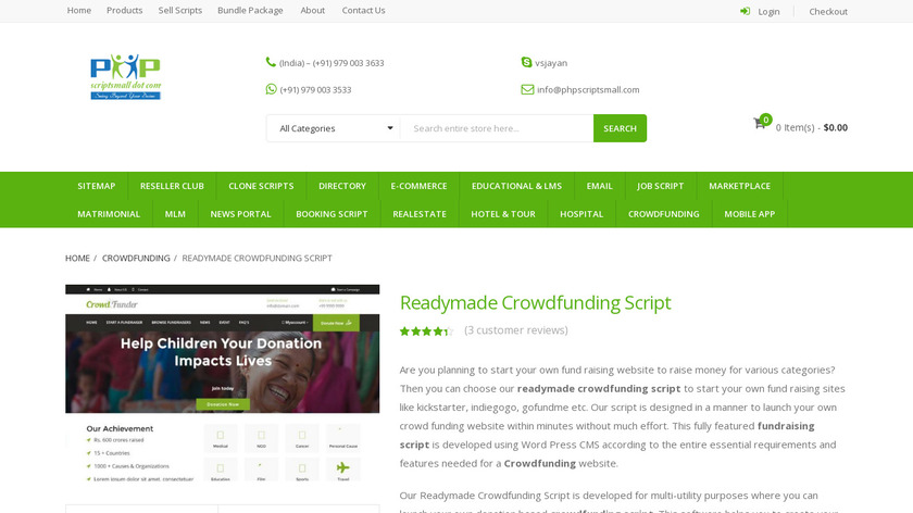 Readymade Crowdfunding script Landing Page