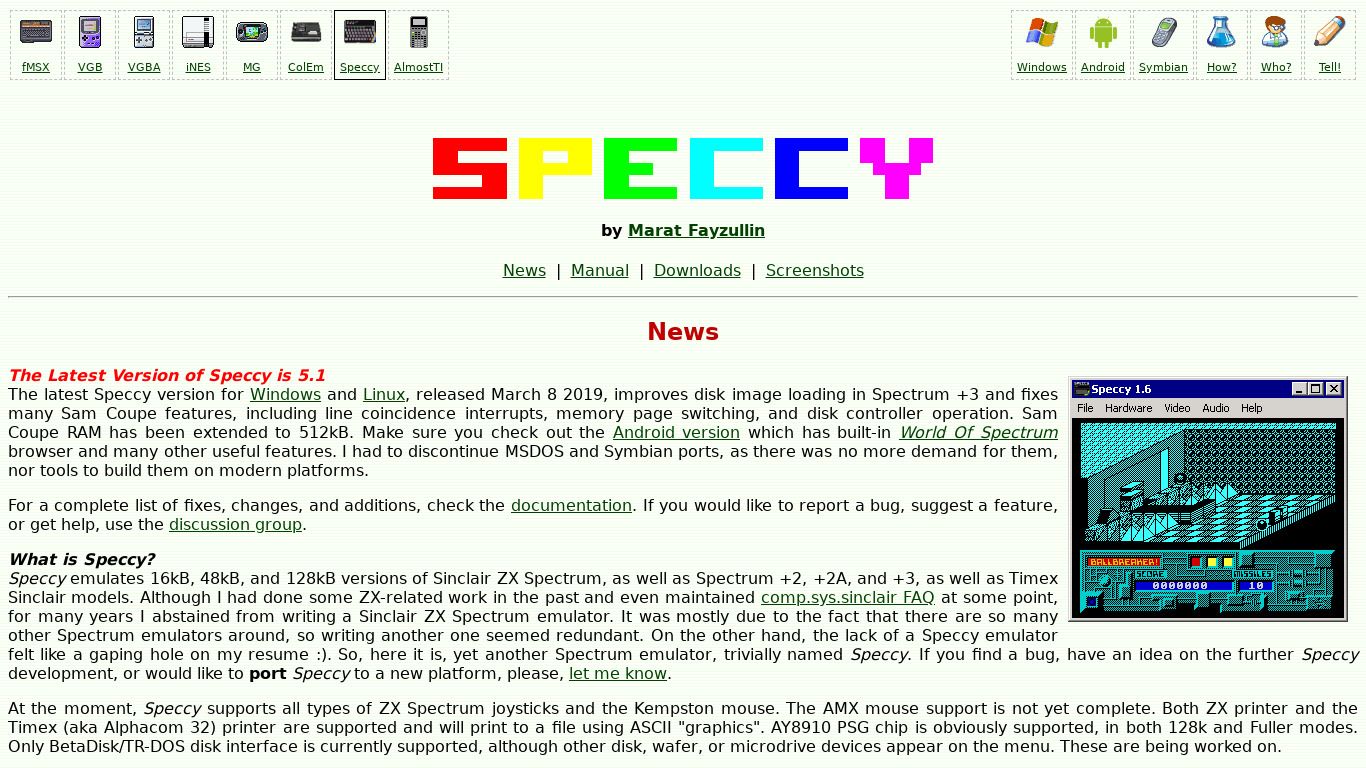 Speccy emulator Landing page