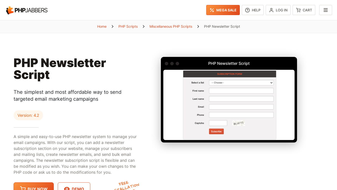 PHPjabbers PHP Newsletter Script Landing page