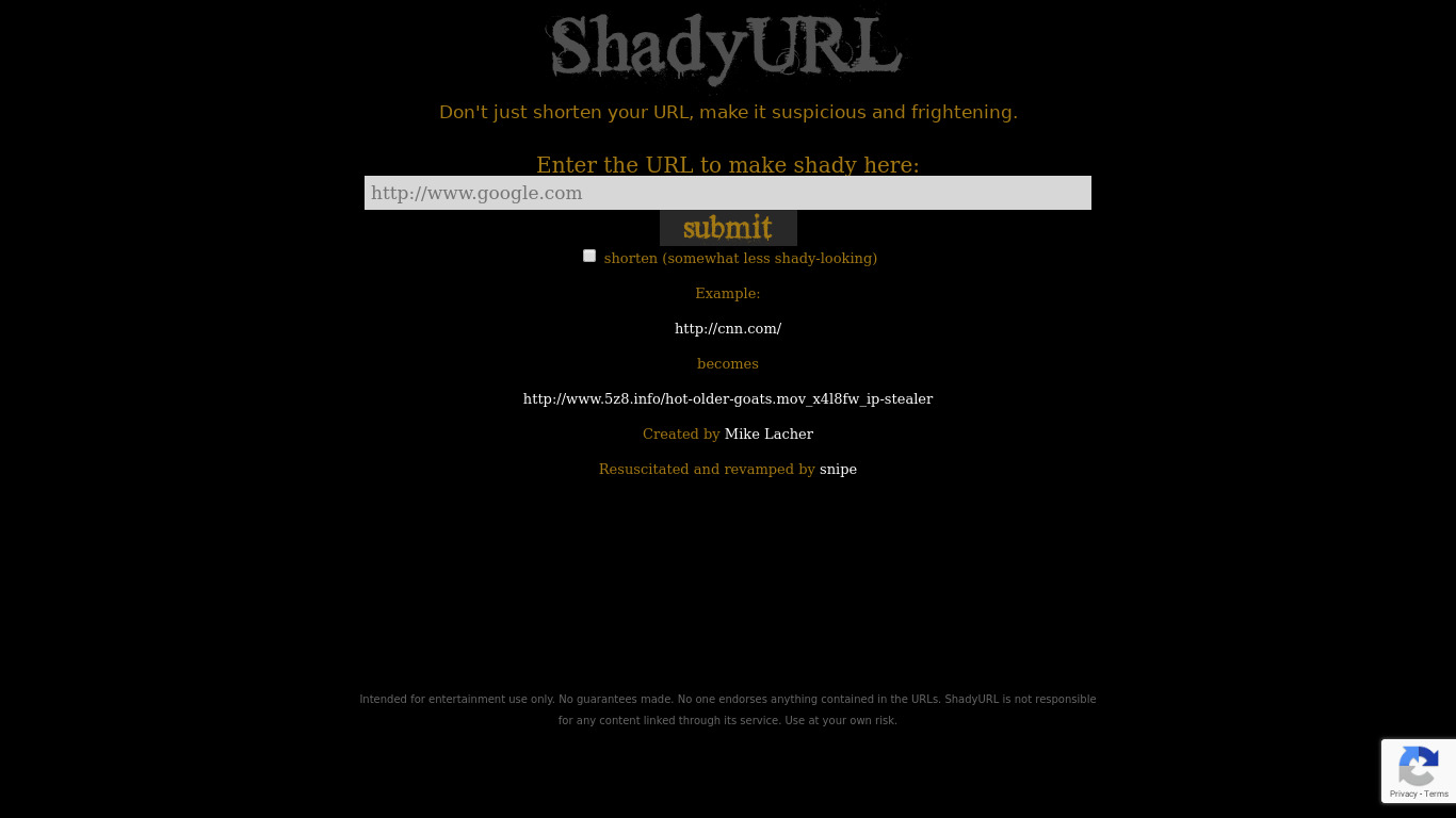 ShadyURL Landing page