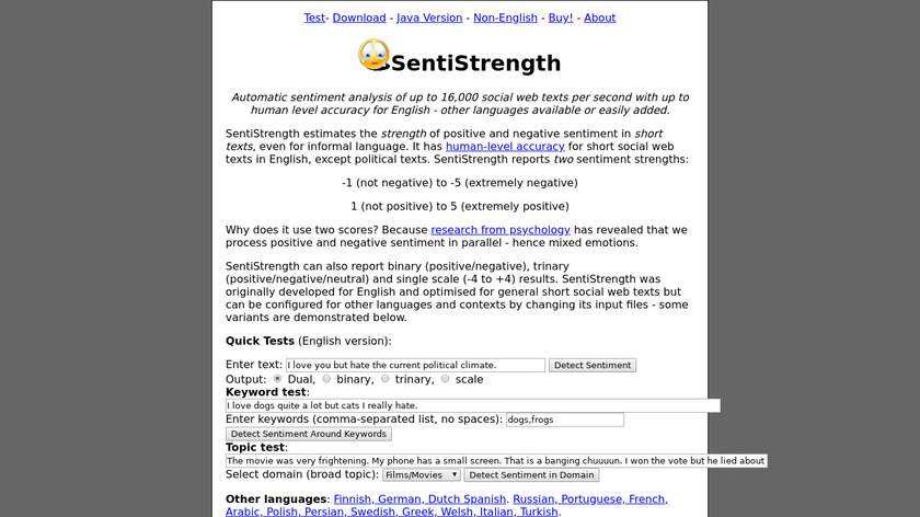 SentiStrength Landing Page