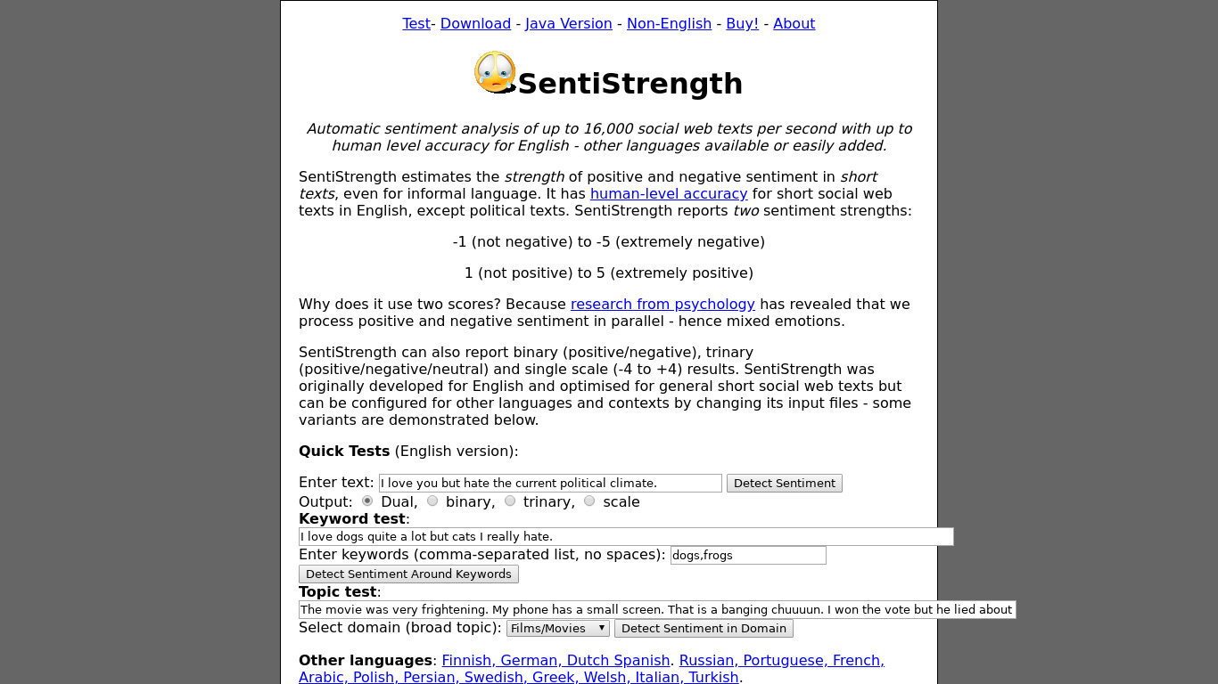 SentiStrength Landing page