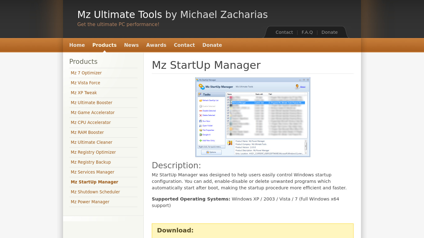 Mz StartUp Manager Landing page