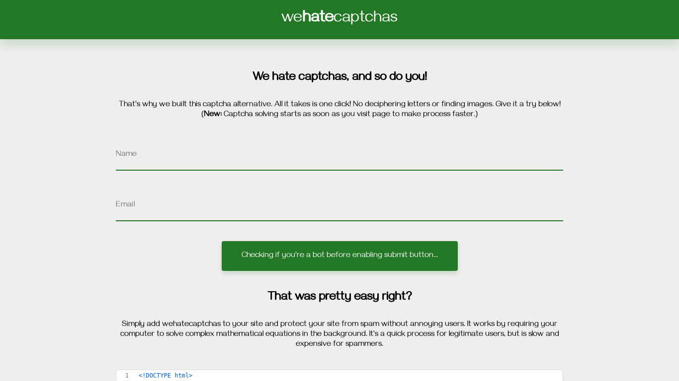 WeHateCaptchas Landing page