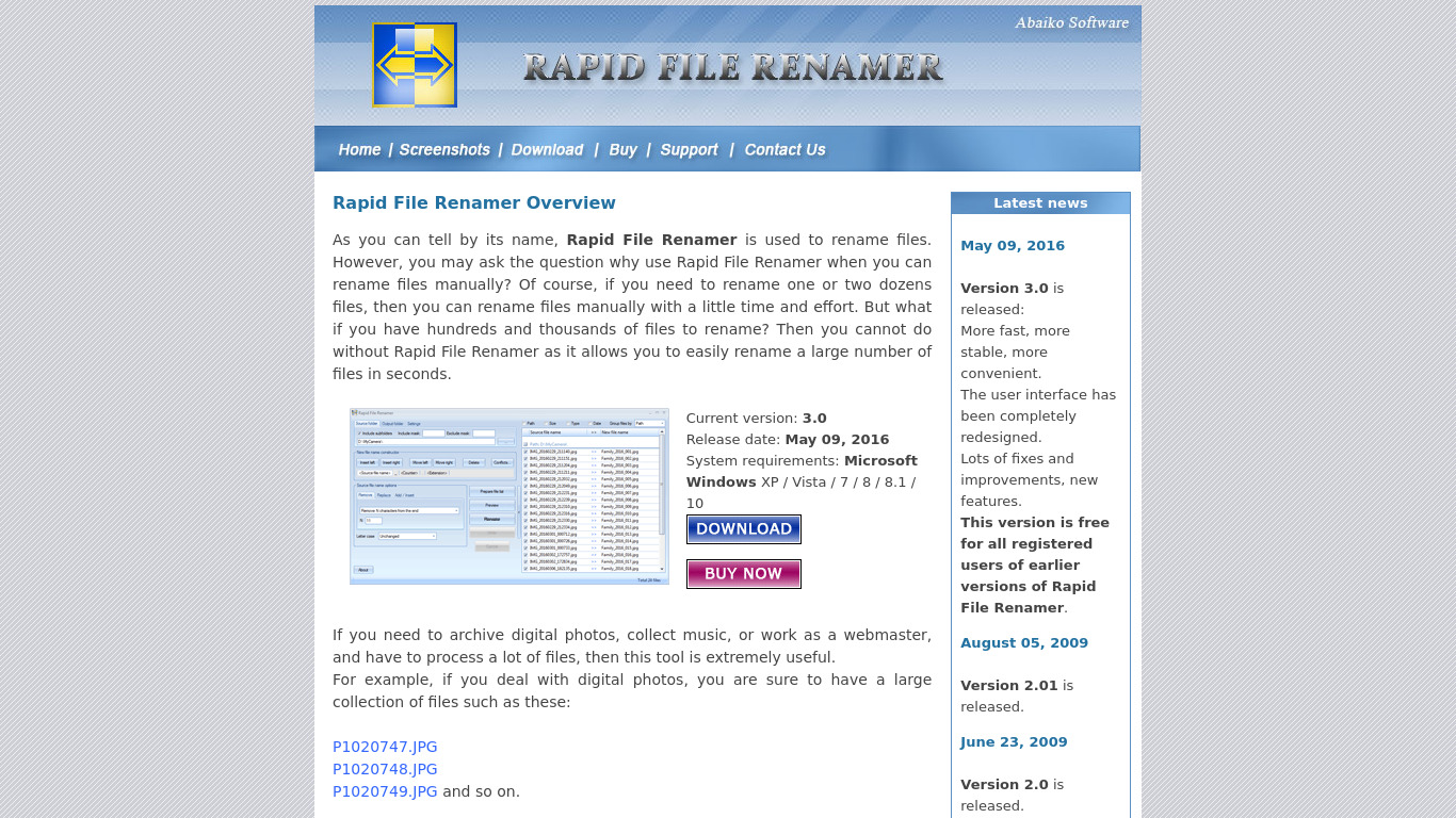 Rapid File Renamer Landing page