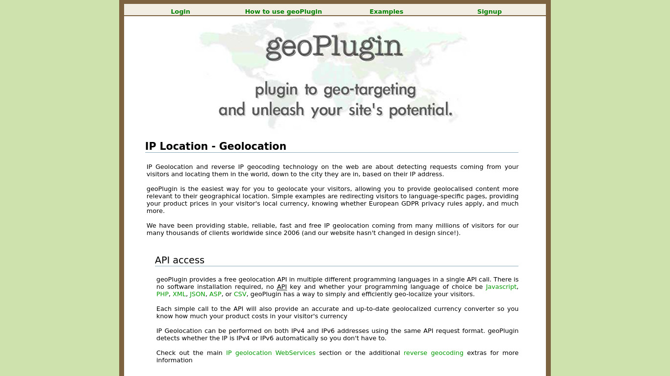 geoPlugin Landing page