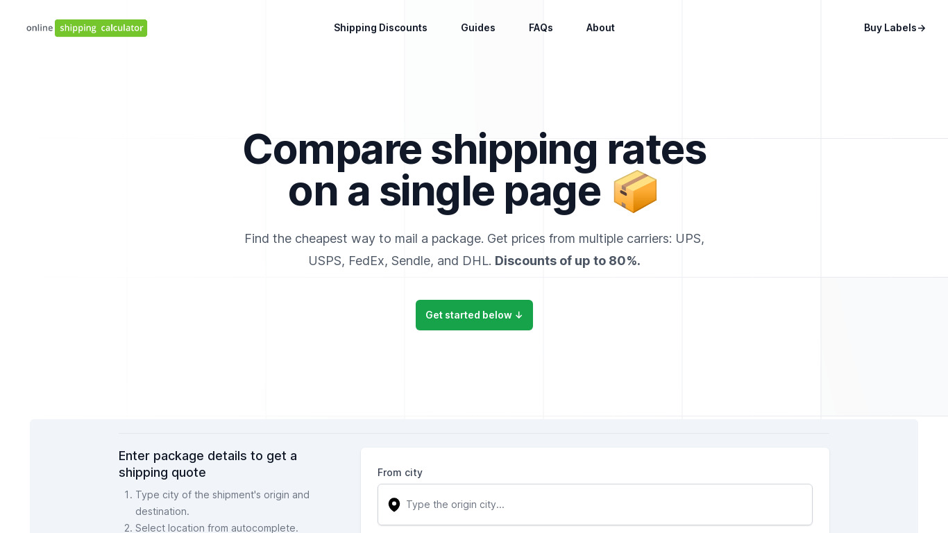 Online Shipping Calculator Landing page