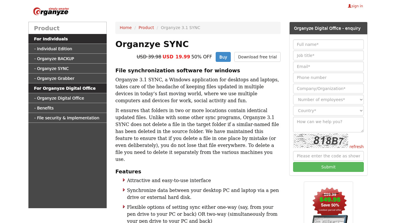 Organyze SYNC Landing page