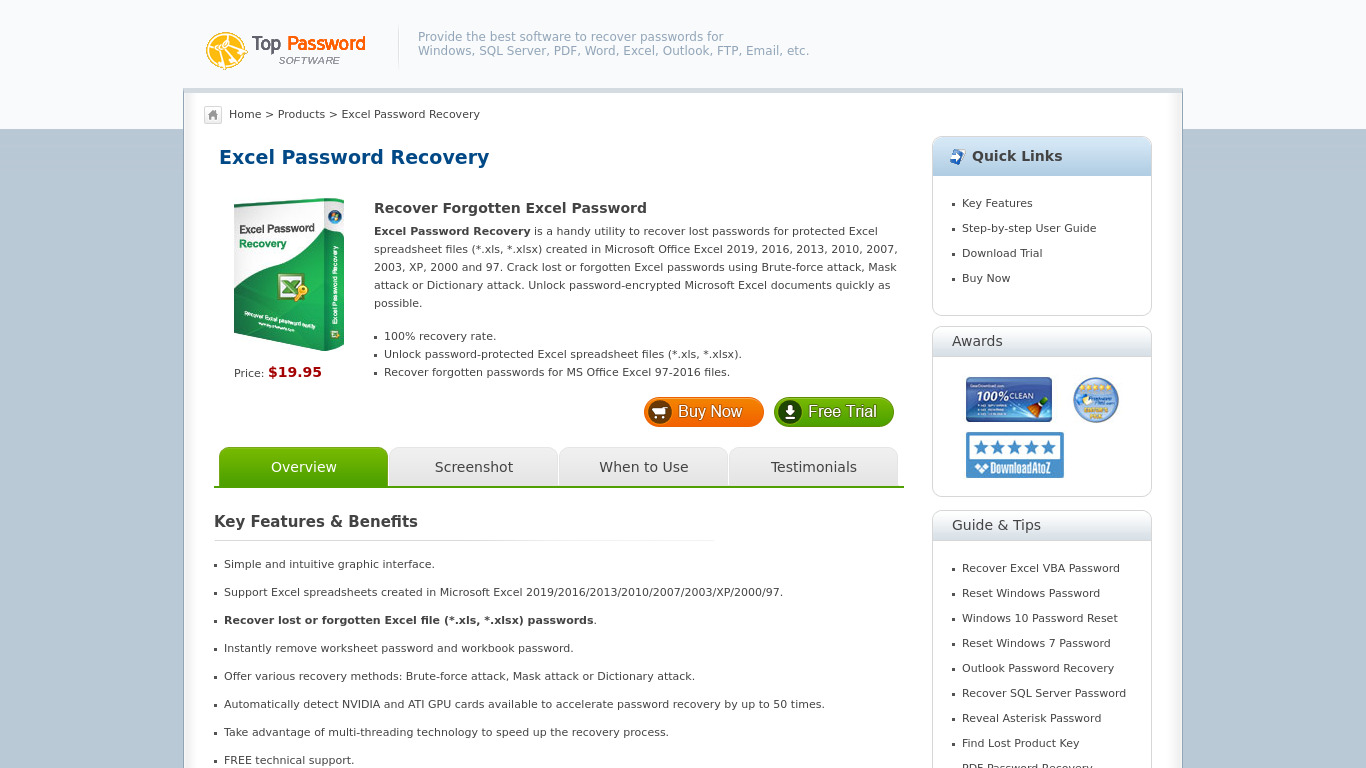 Top-Password Excel Password Recovery Landing page