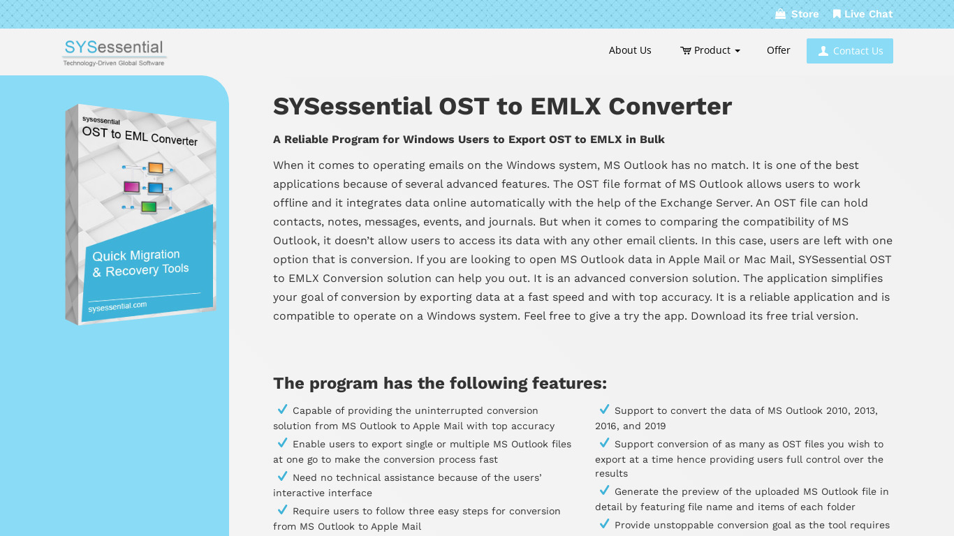 SYSessential OST to EMLX Converter Landing page