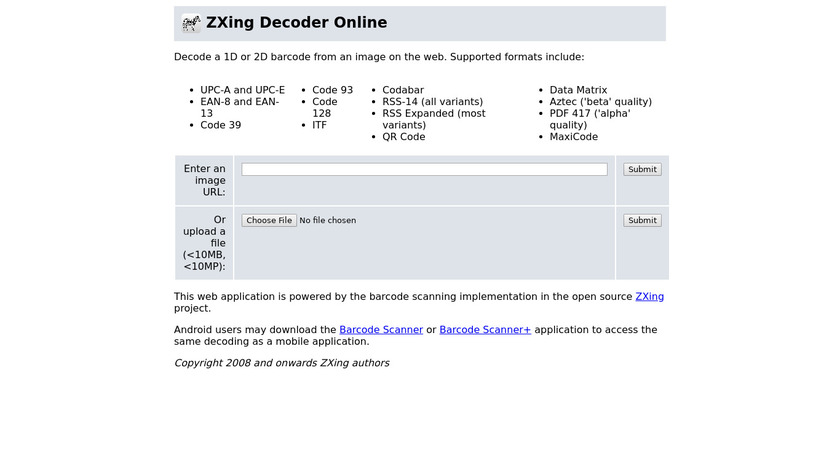 ZXing Decoder Landing Page