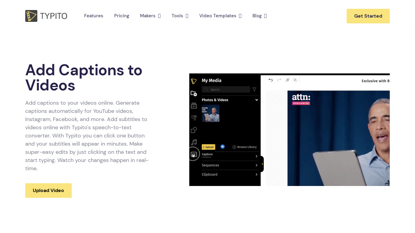 Captions by Typito Landing page