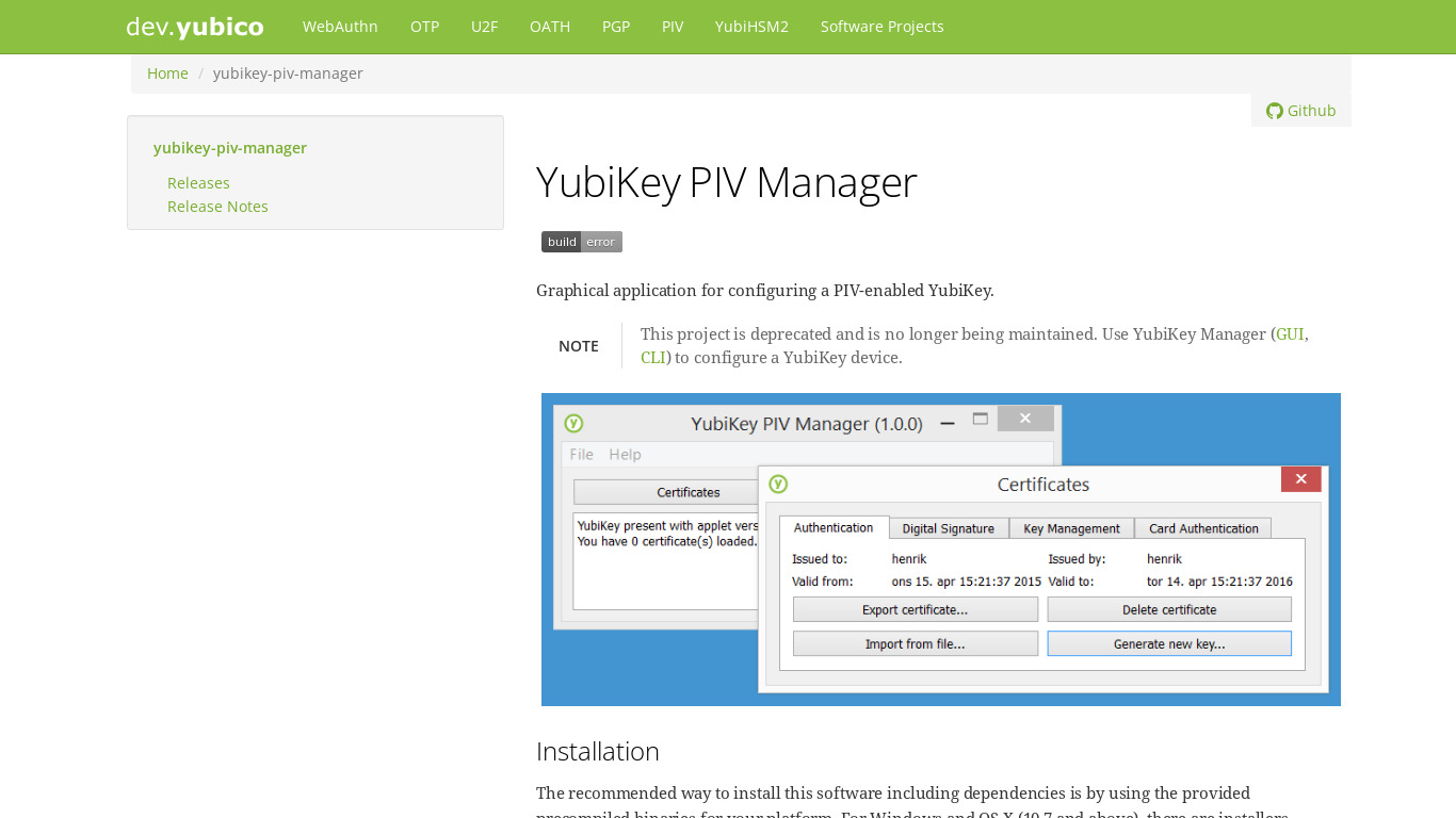 YubiKey PIV Manager Landing page