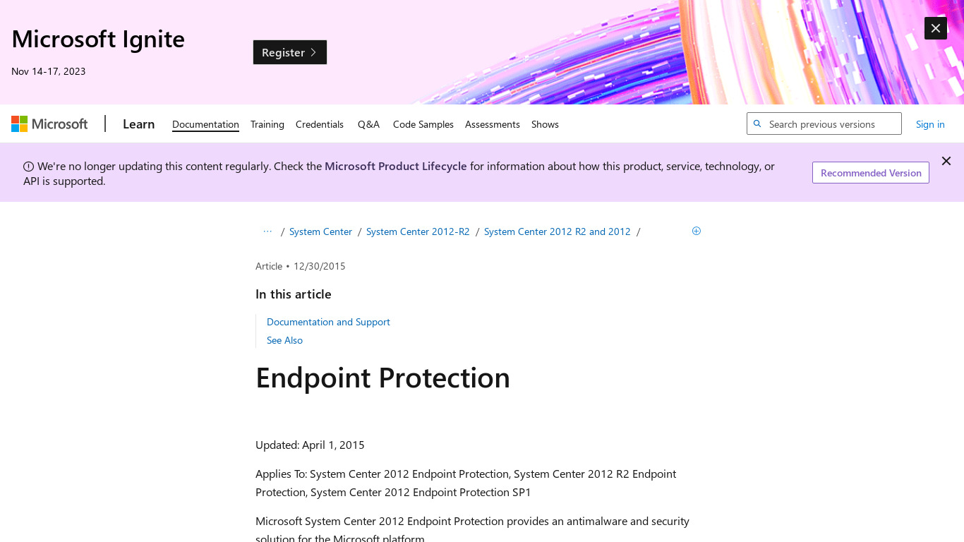 System Center Endpoint Protection Landing page