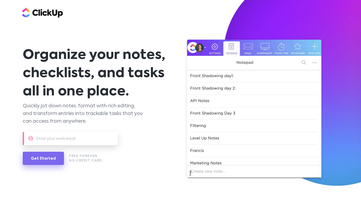 Notepad by ClickUp Landing page
