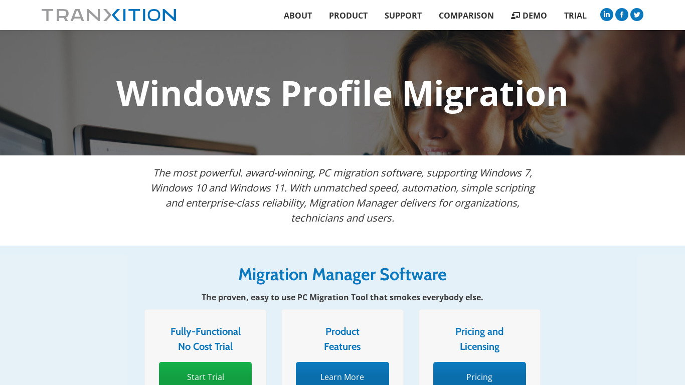 Tranxition Migration Manager Landing page