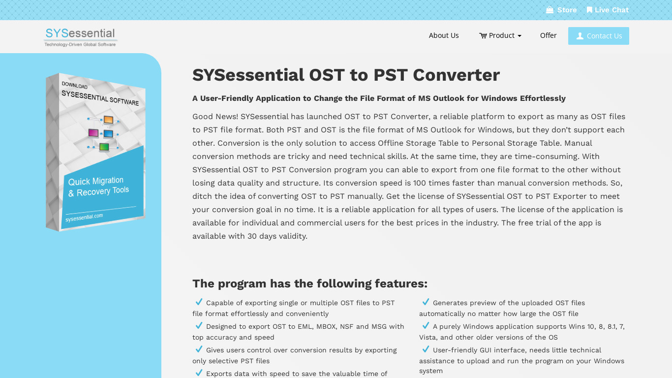 SYSessential OST to PST Converter Landing page