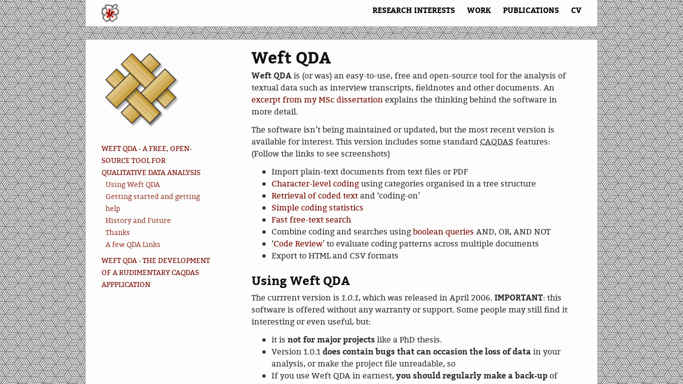 Weft QDA Landing page