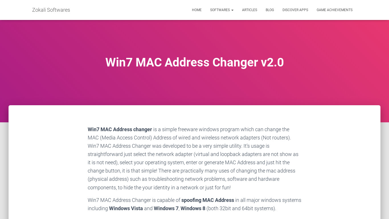 Win7 MAC Address Changer Landing page