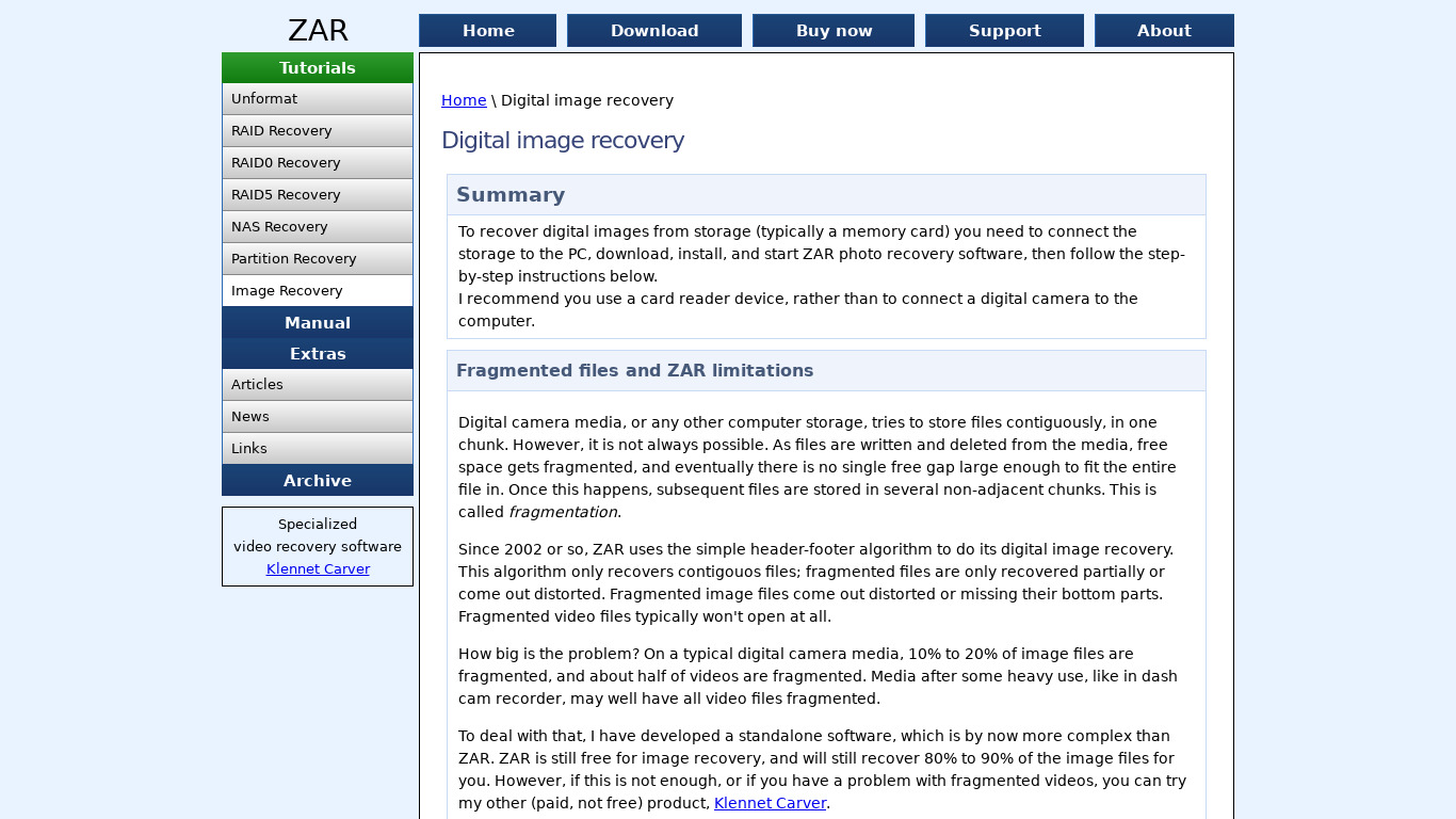 ZAR Digital image recovery Landing page