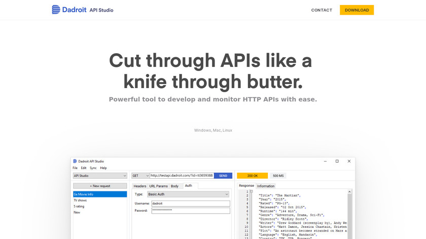 Dadroit API Studio Landing Page