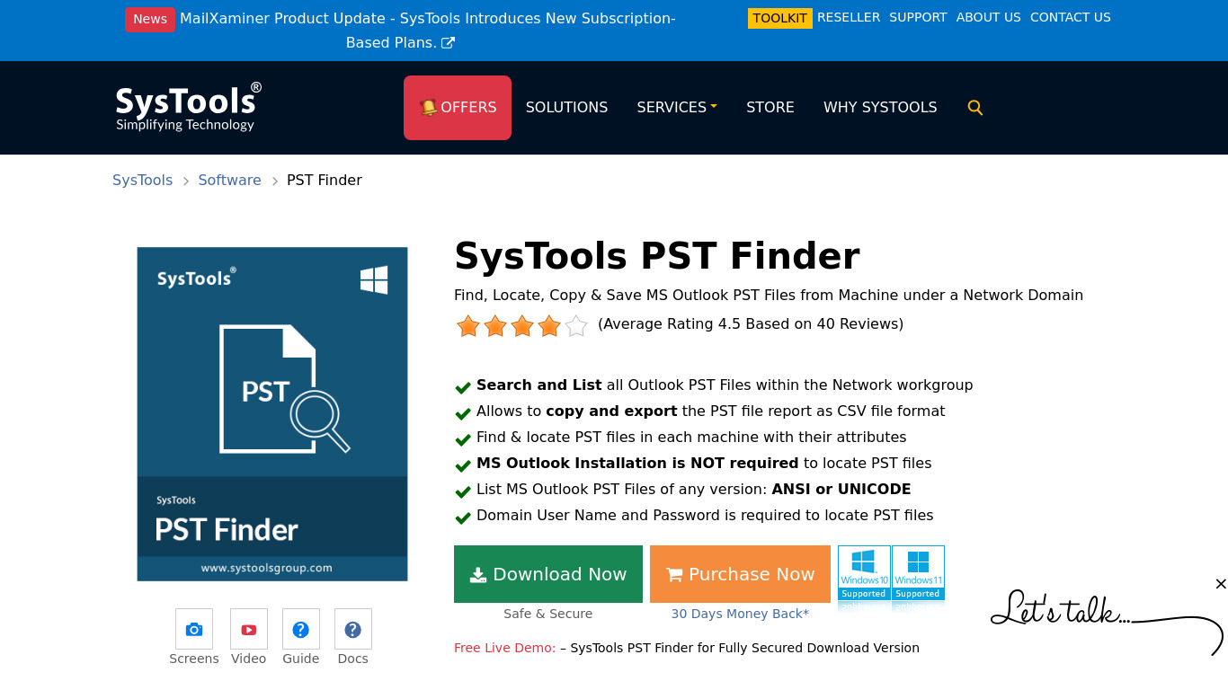 SysTools PST Finder Landing page