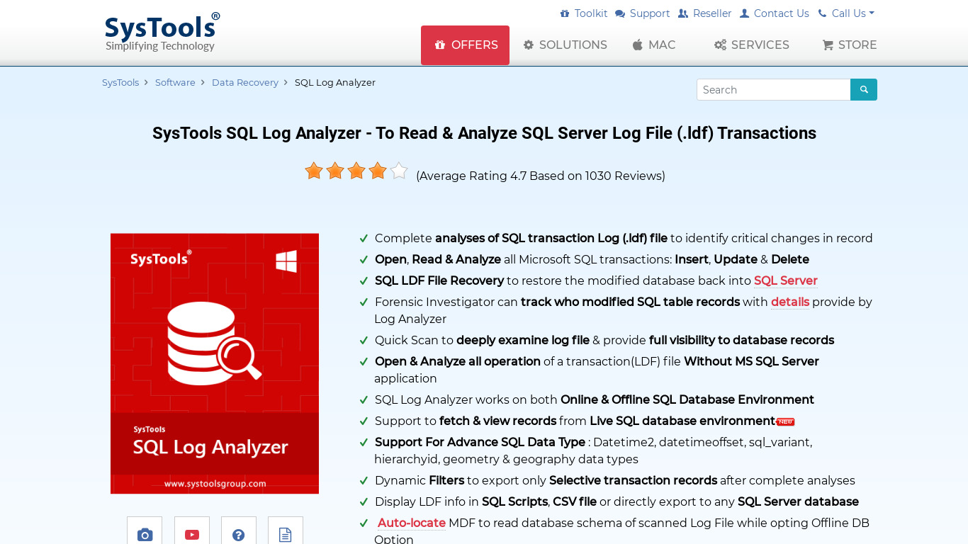SysTools SQL Log Analyzer Landing page