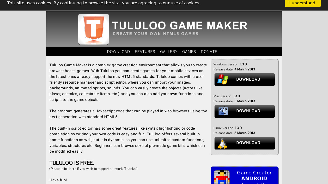 Tululoo Game Maker Landing page