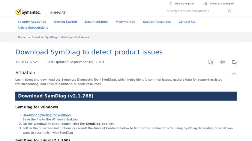 Symantec Diagnostic Tool Landing Page