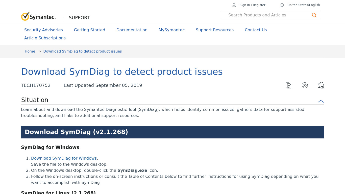 Symantec Diagnostic Tool Landing page