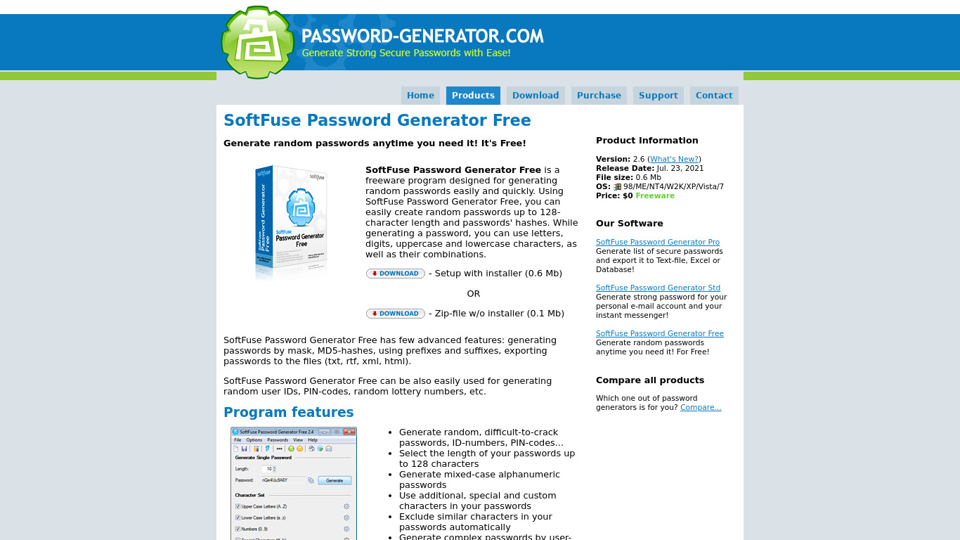 SoftFuse Password Generator Landing page