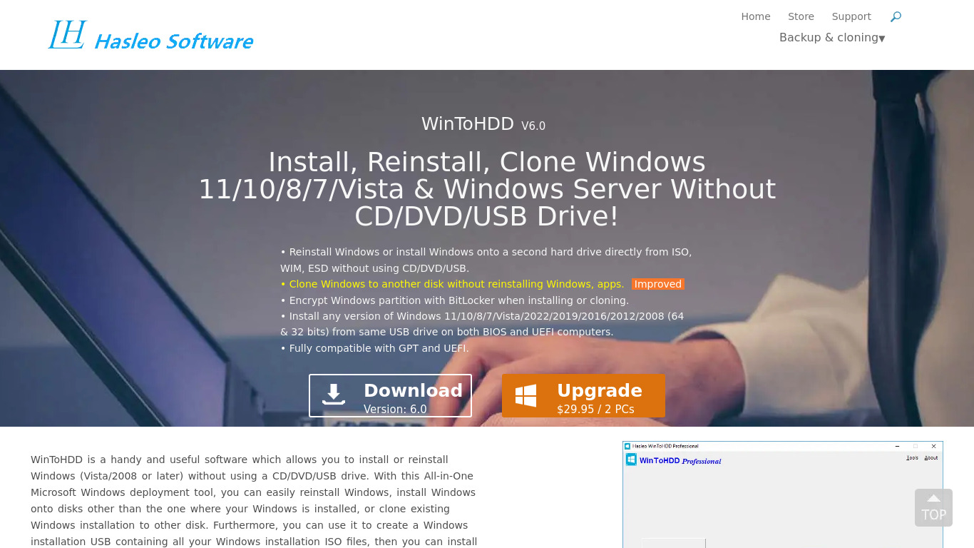 WinToHDD Landing page