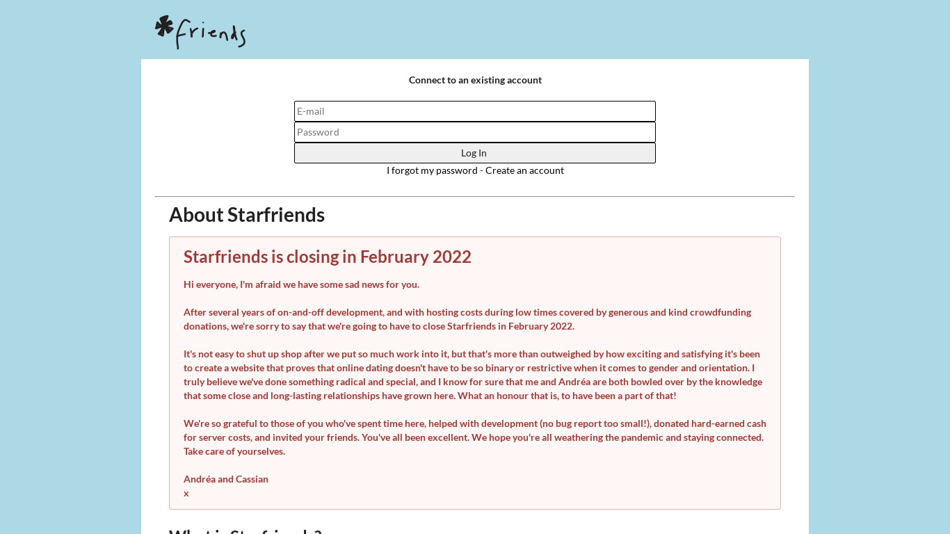 Starfriends.org Landing page