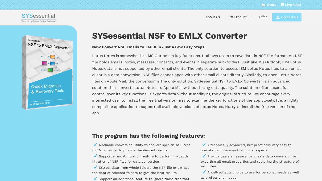 SYSessential NSF to EMLX Converter Landing page