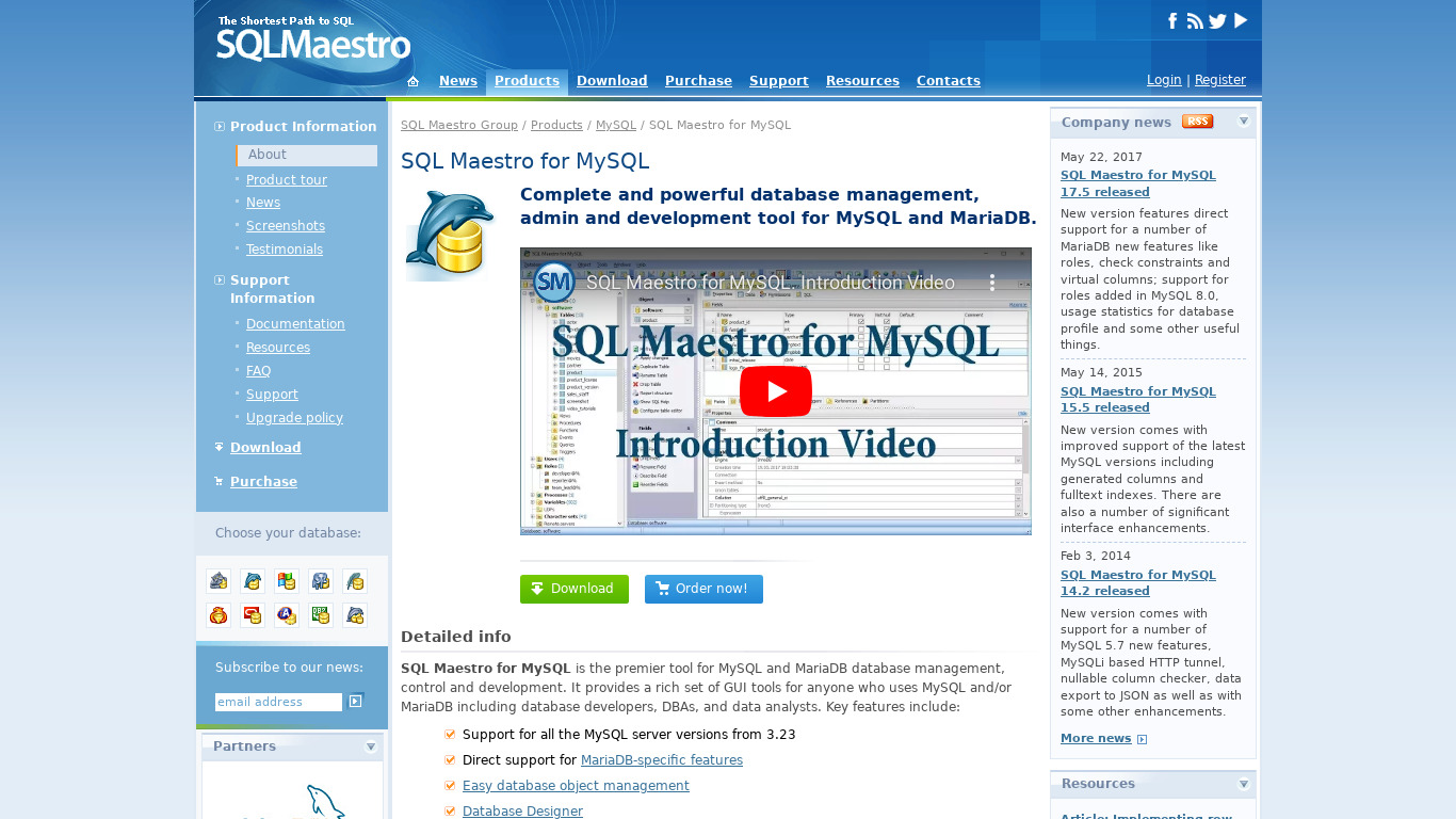 SQL Maestro for MySQL Landing page
