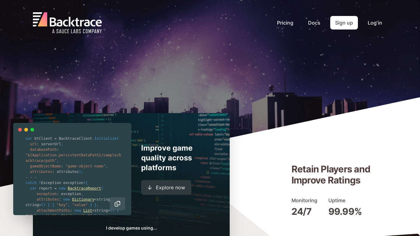 Backtrace Landing page