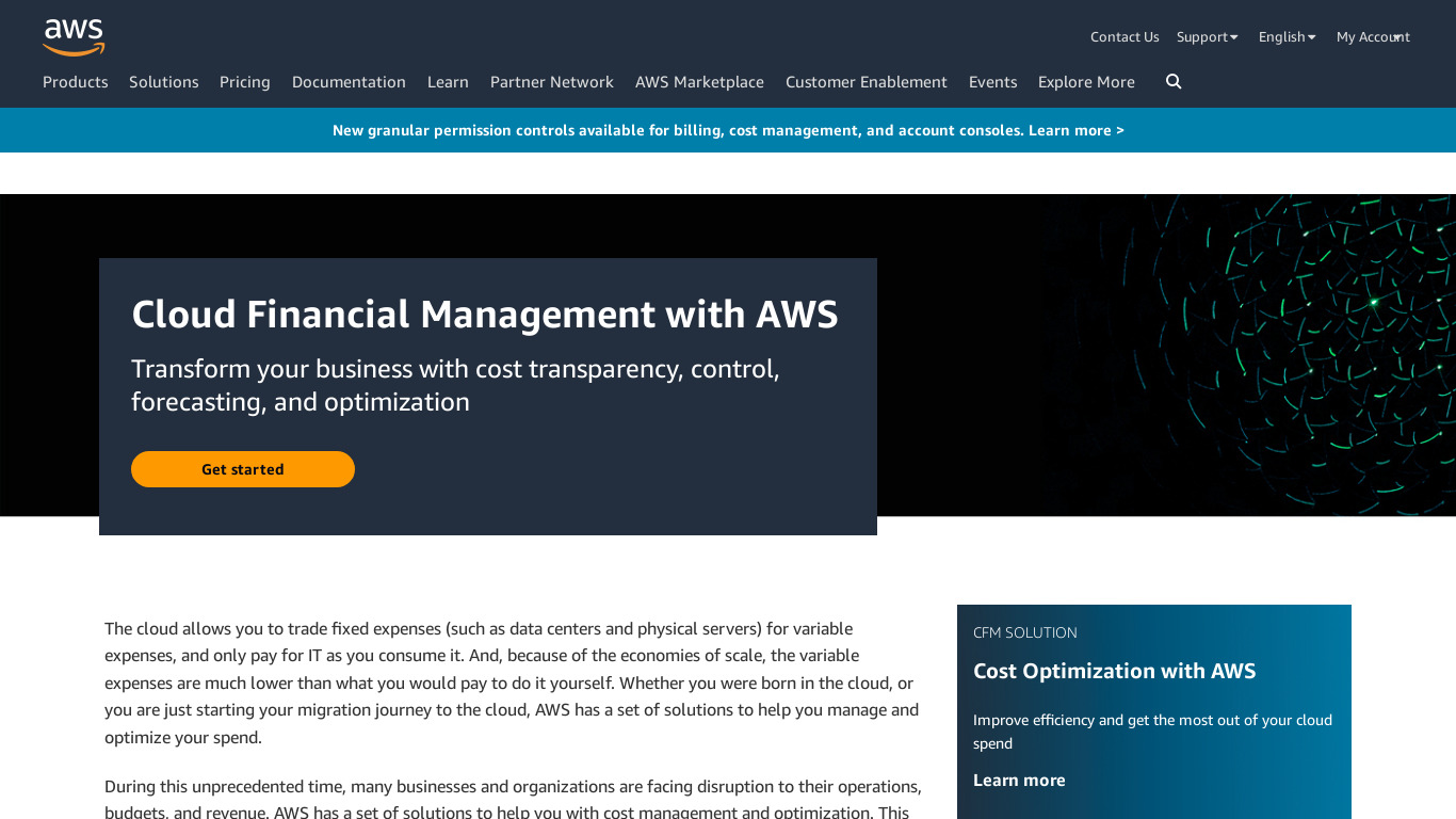 AWS Cost Management Landing page