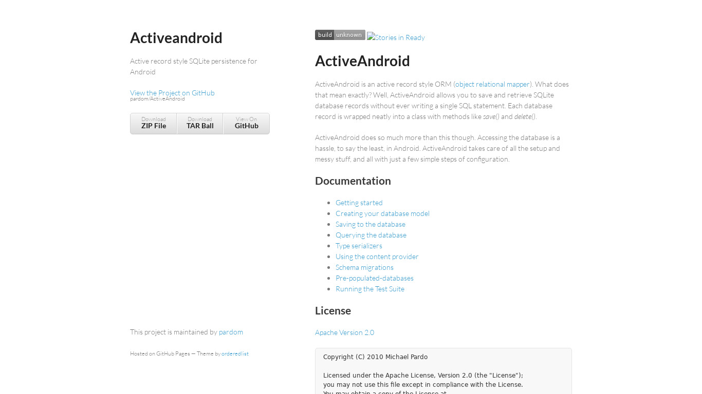 ActiveAndroid Landing page