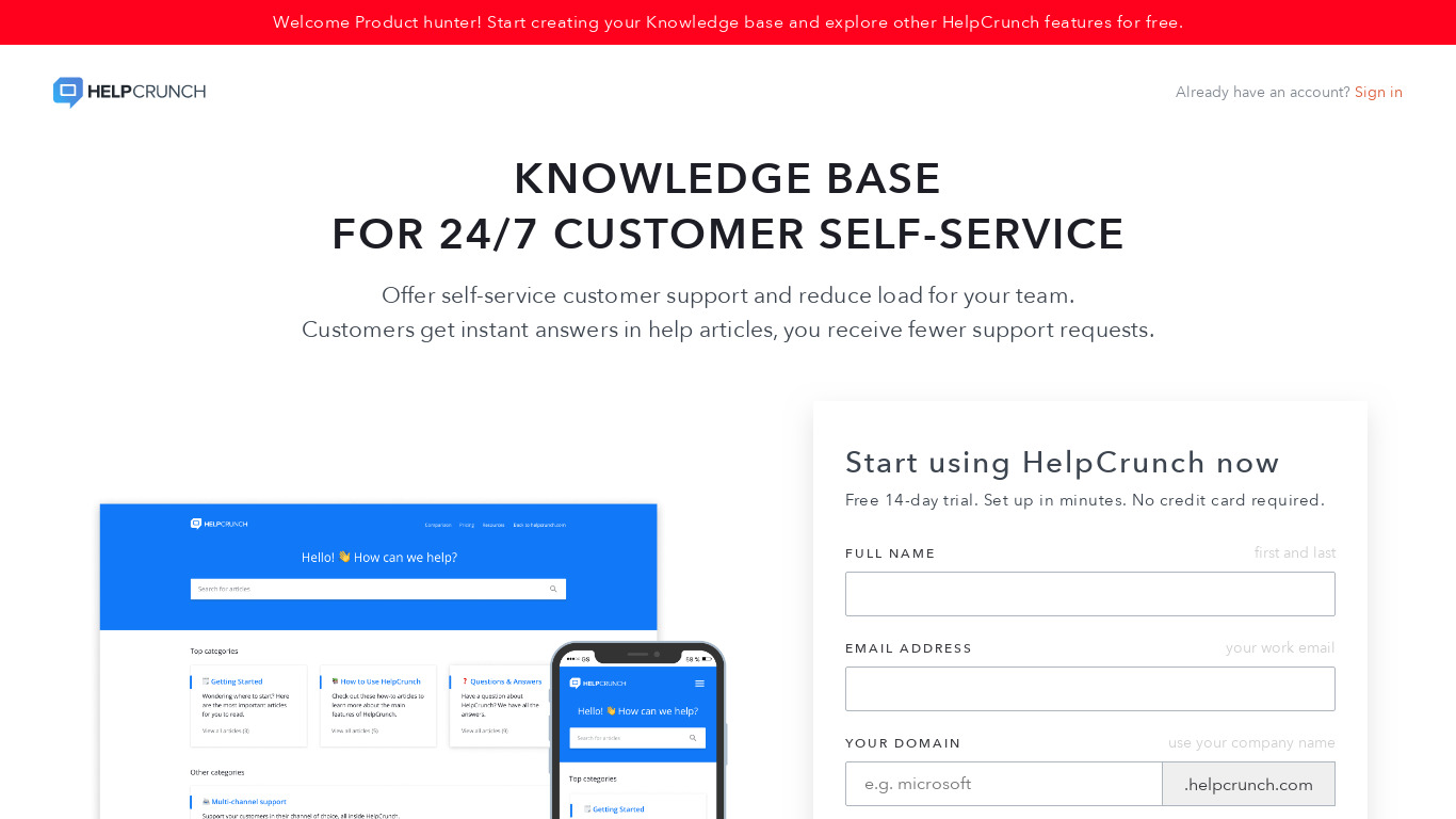 HelpCrunch Knowledge Base Landing page