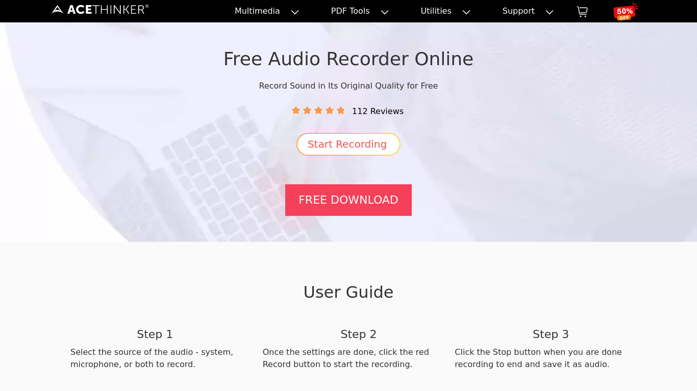 Acethinker Free Audio Recorder Online Landing page