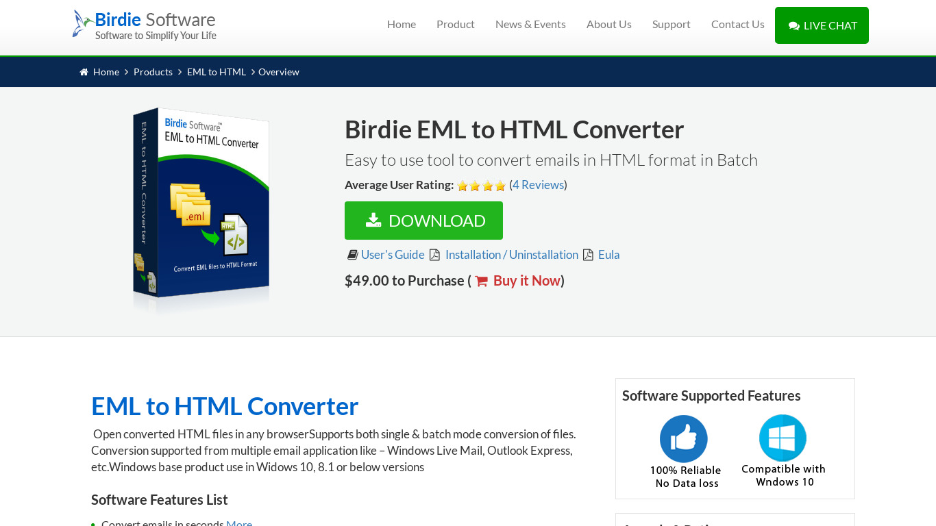 Birdie EML to HTML Converter Landing page